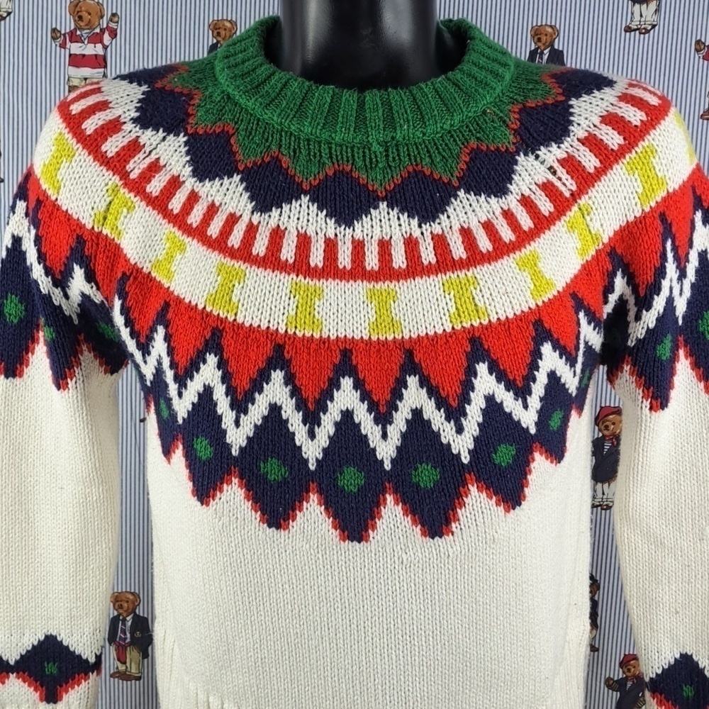 Women's XS multicolor oversized pullover knit white casual preppy sweater